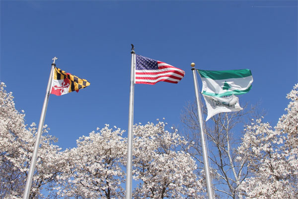 Three flags on flagpoles